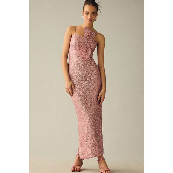NWT Ieena for Mac Duggal Sequined Strapless Faux Bow Column Gown Rose Pink Sze 8